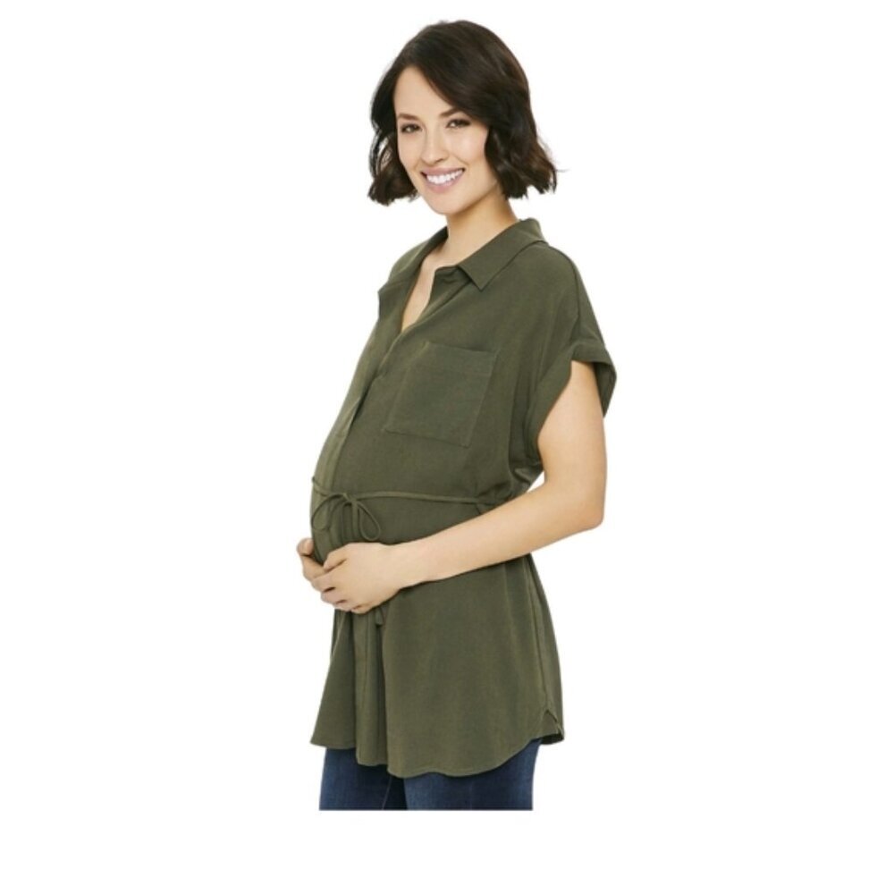 NWT Green Woven Button Up Shirt Maternity XL - Picture 3 of 7